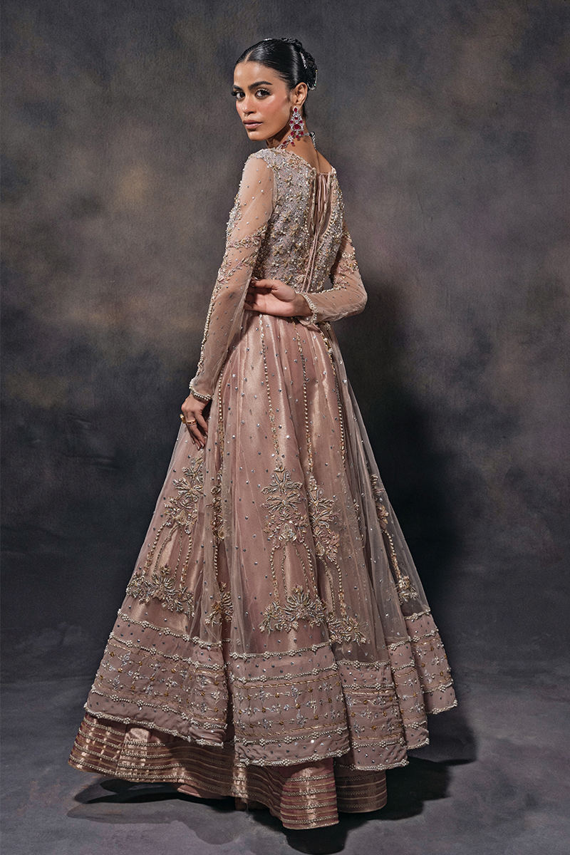 Indian Peach Hand-Embellished Tulle Kalidar Lehenga (3-Piece) - Image 10