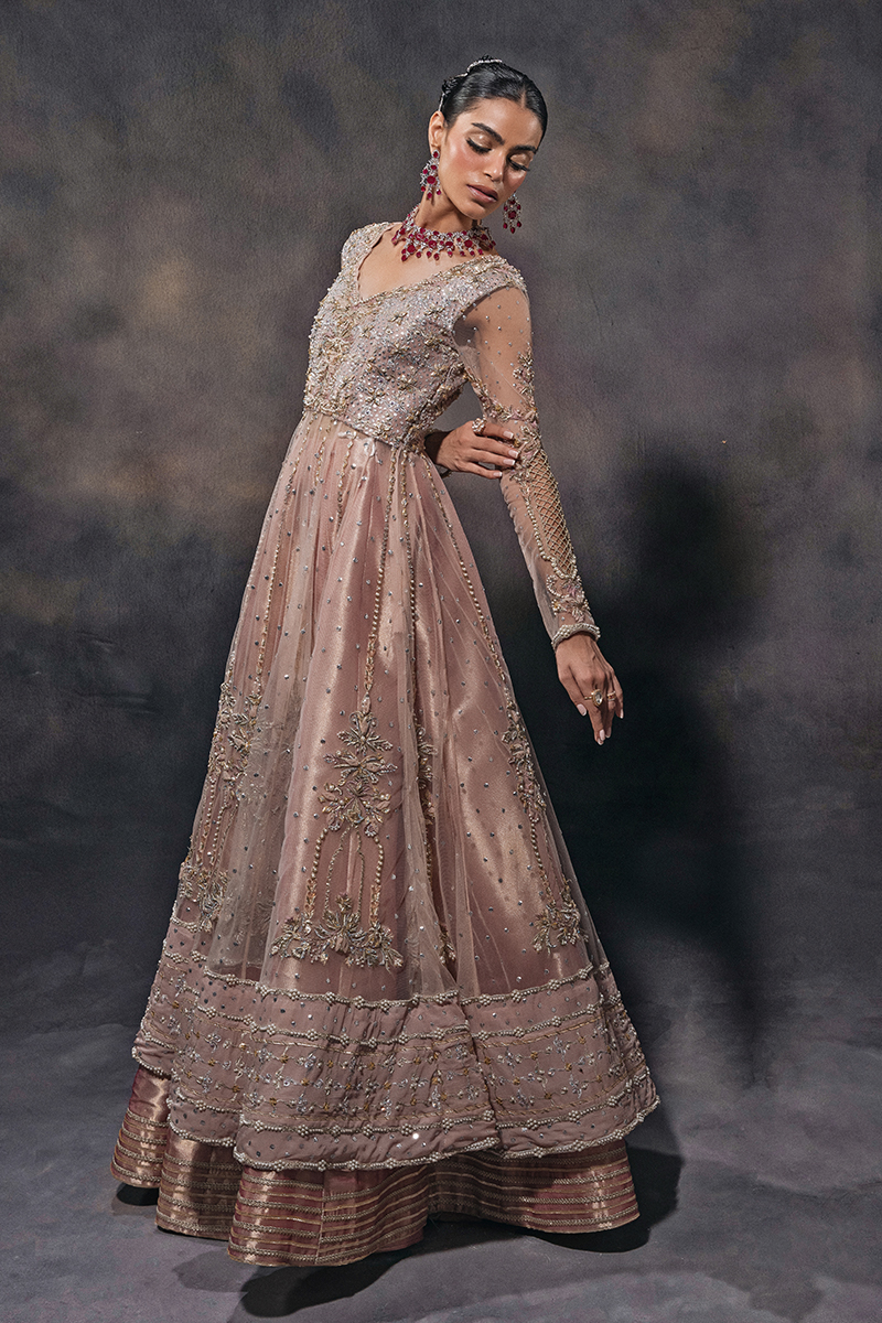 Indian Peach Hand-Embellished Tulle Kalidar Lehenga (3-Piece) - Image 11
