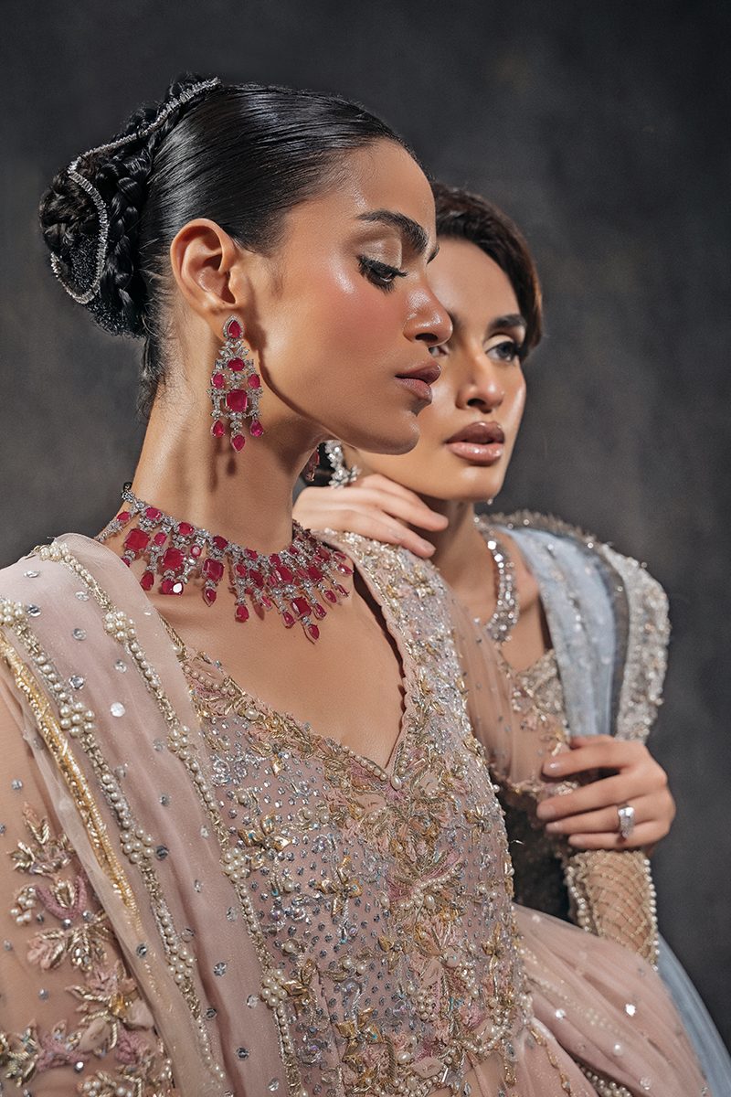 Indian Peach Hand-Embellished Tulle Kalidar Lehenga (3-Piece) - Image 13