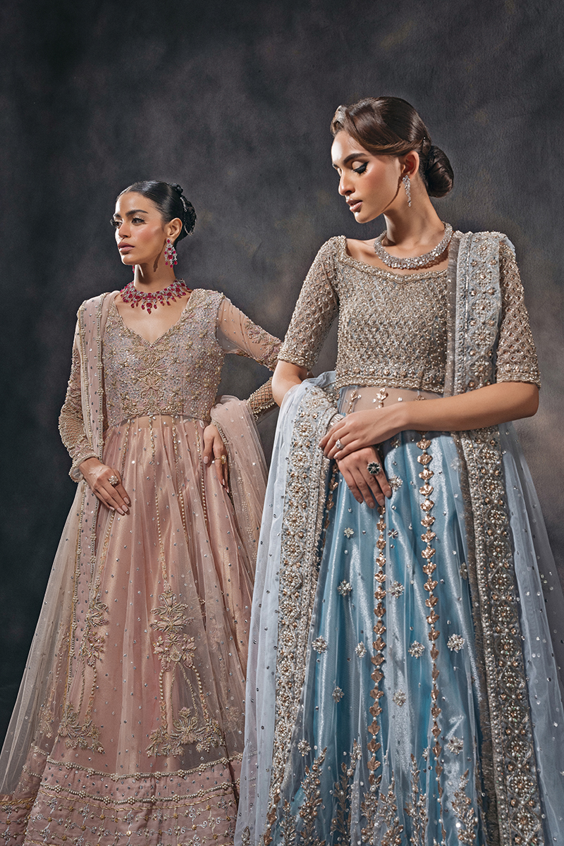 Indian Peach Hand-Embellished Tulle Kalidar Lehenga (3-Piece) - Image 14