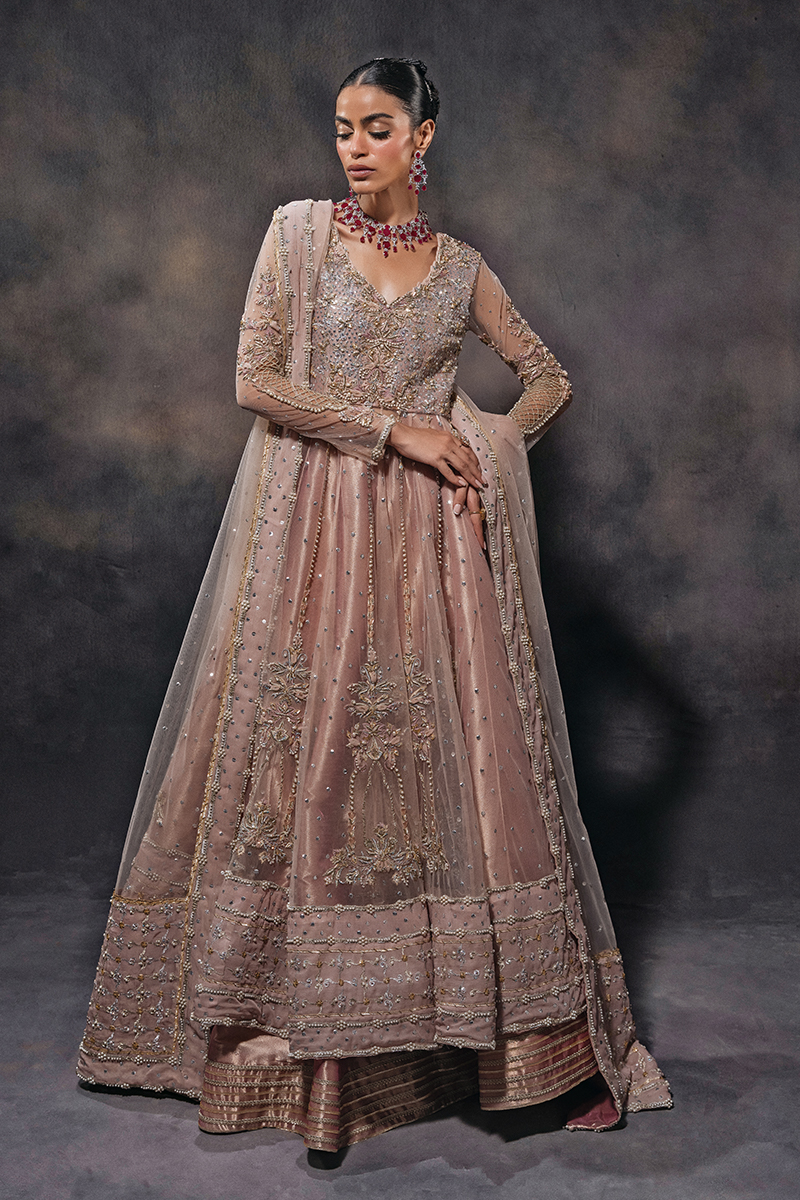 Indian Peach Hand-Embellished Tulle Kalidar Lehenga (3-Piece) - Image 3
