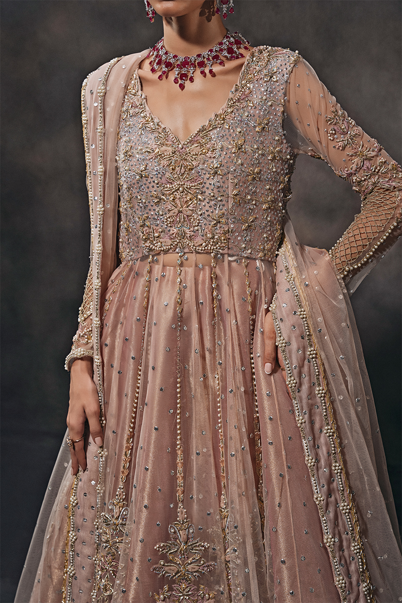 Indian Peach Hand-Embellished Tulle Kalidar Lehenga (3-Piece) - Image 4