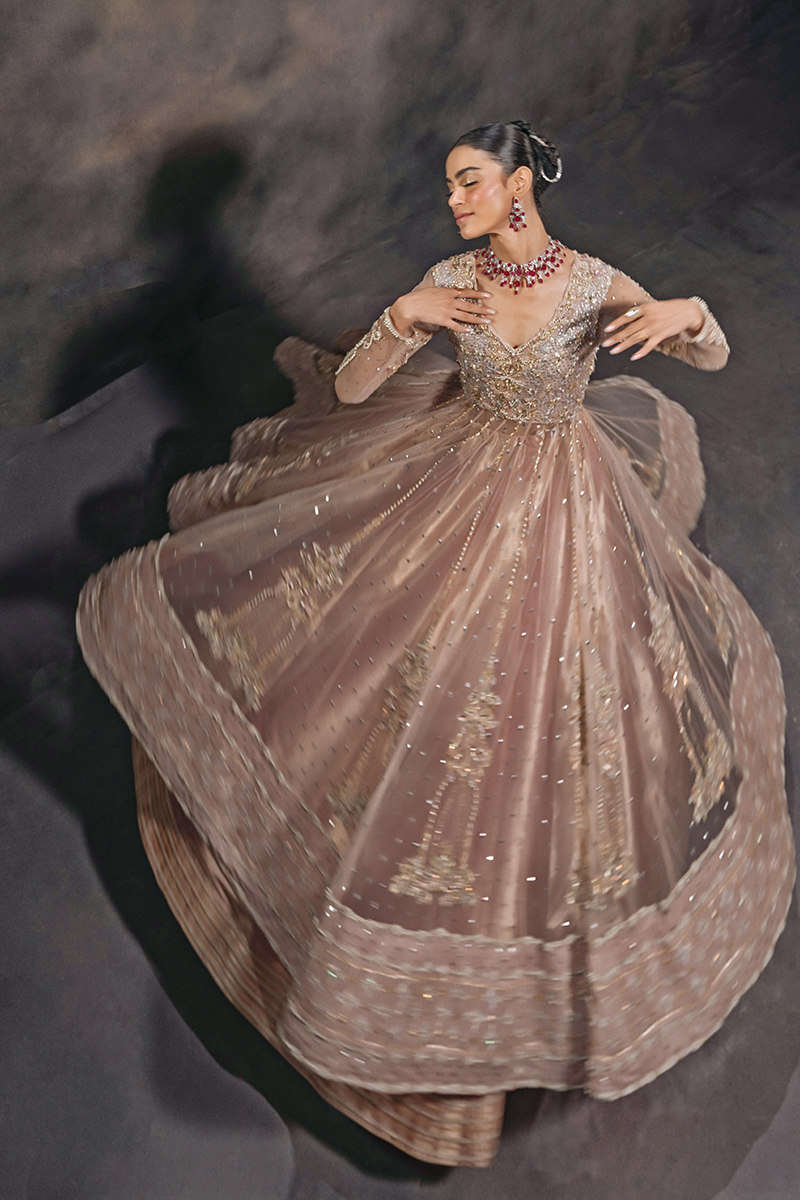 Indian Peach Hand-Embellished Tulle Kalidar Lehenga (3-Piece) - Image 5