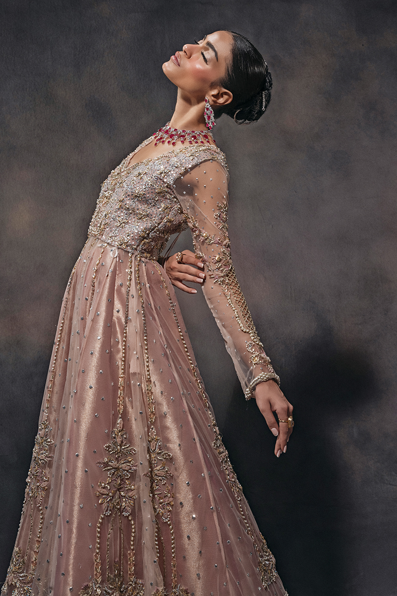 Indian Peach Hand-Embellished Tulle Kalidar Lehenga (3-Piece) - Image 6