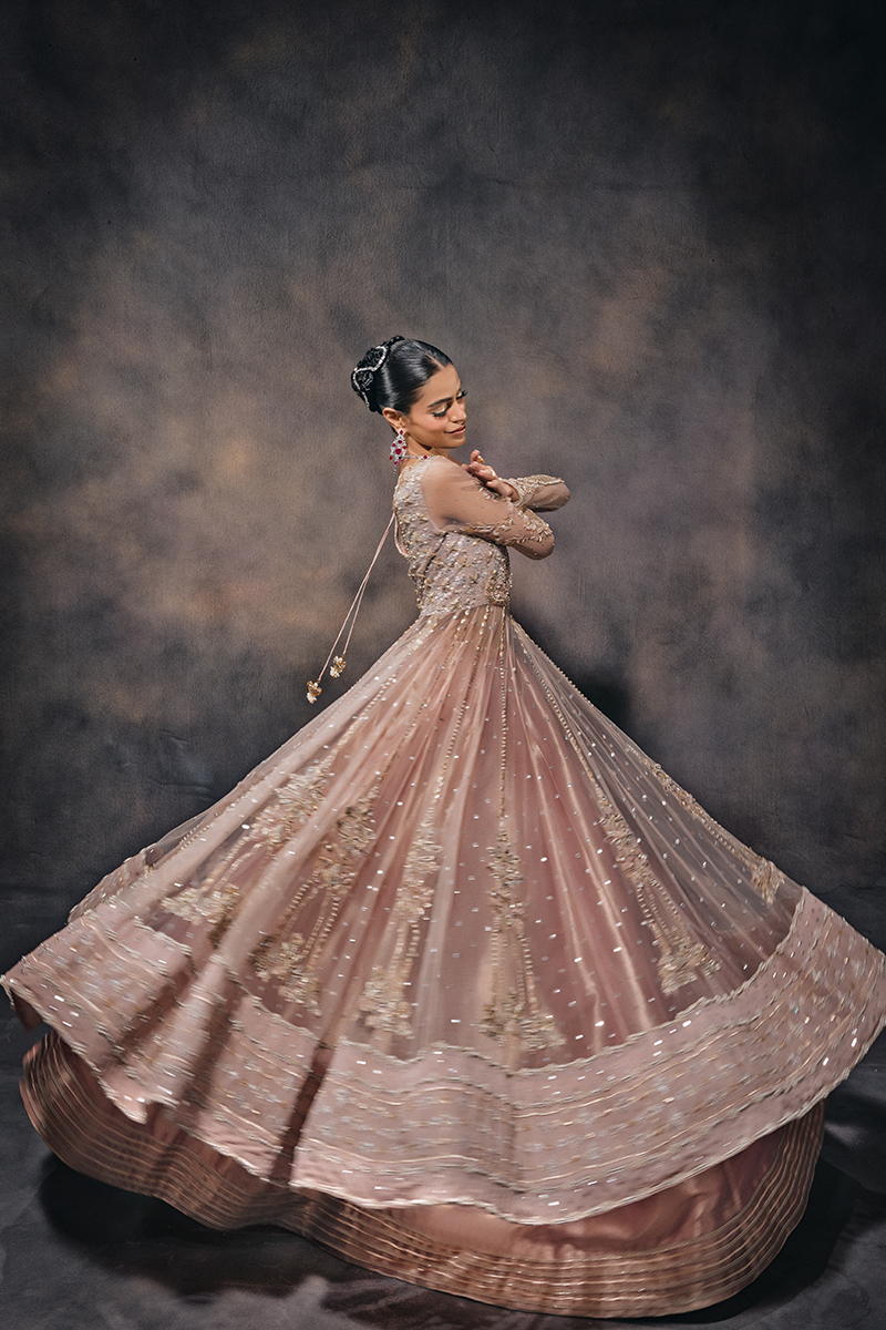 Indian Peach Hand-Embellished Tulle Kalidar Lehenga (3-Piece) - Image 7