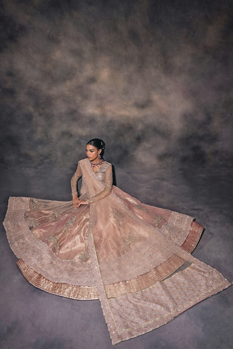 Indian Peach Hand-Embellished Tulle Kalidar Lehenga (3-Piece) - Image 8