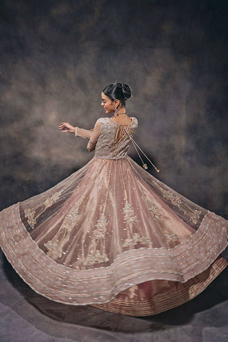 Indian Peach Hand-Embellished Tulle Kalidar Lehenga (3-Piece) - Image 9