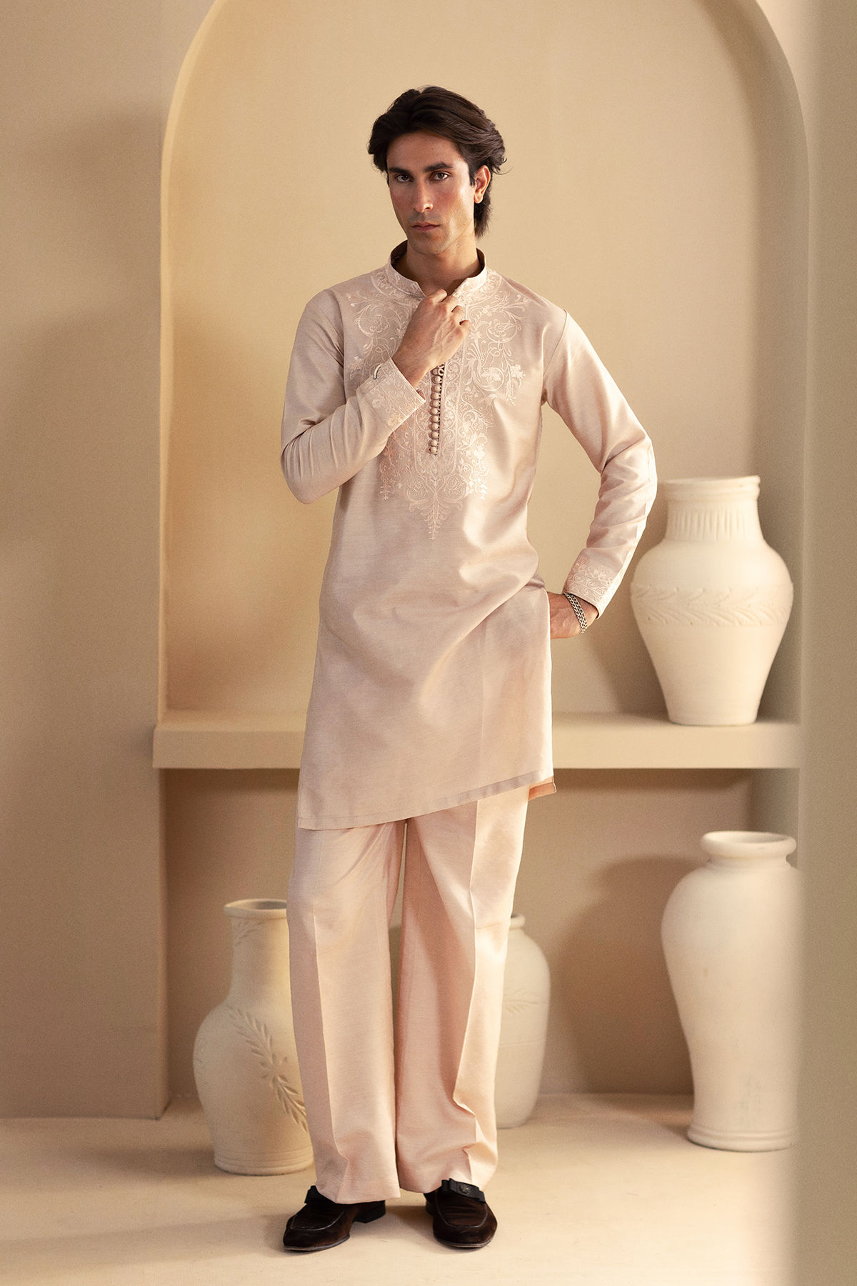 Sandy Peach Self-Embroidered Cotton Net Kurta (2-Piece) - Image 1
