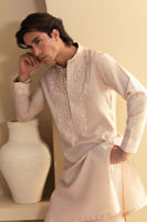Sandy Peach Self-Embroidered Cotton Net Kurta (2-Piece) - Image 4