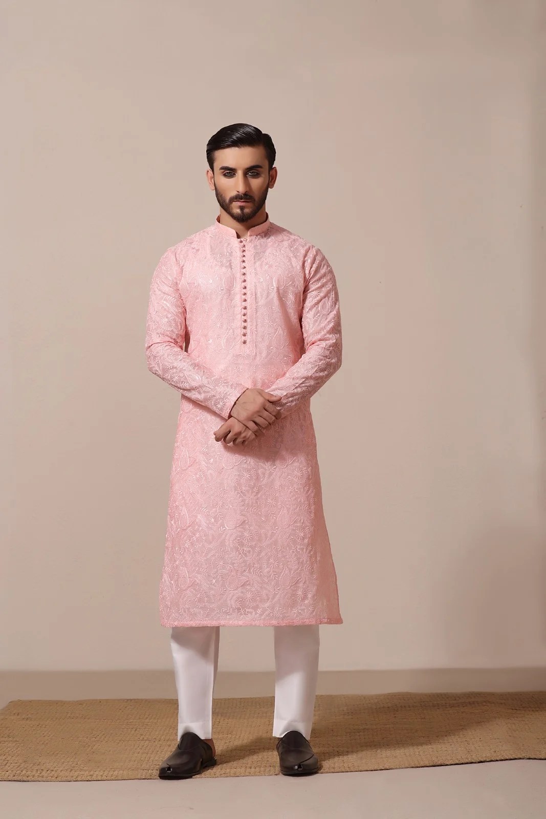 Candlelight Peach Embroidered Cotton-Silk Kurta (2-Piece) - Image 1
