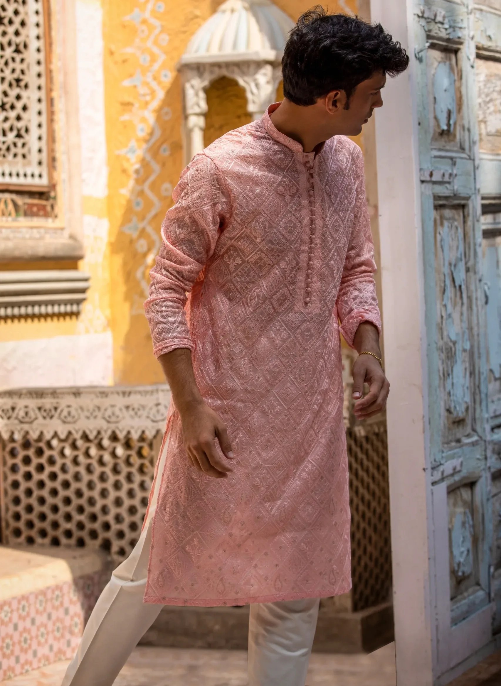 Blushing Peach Embroidered Cotton-Silk Pathani Suit (2-Piece) - Image 1