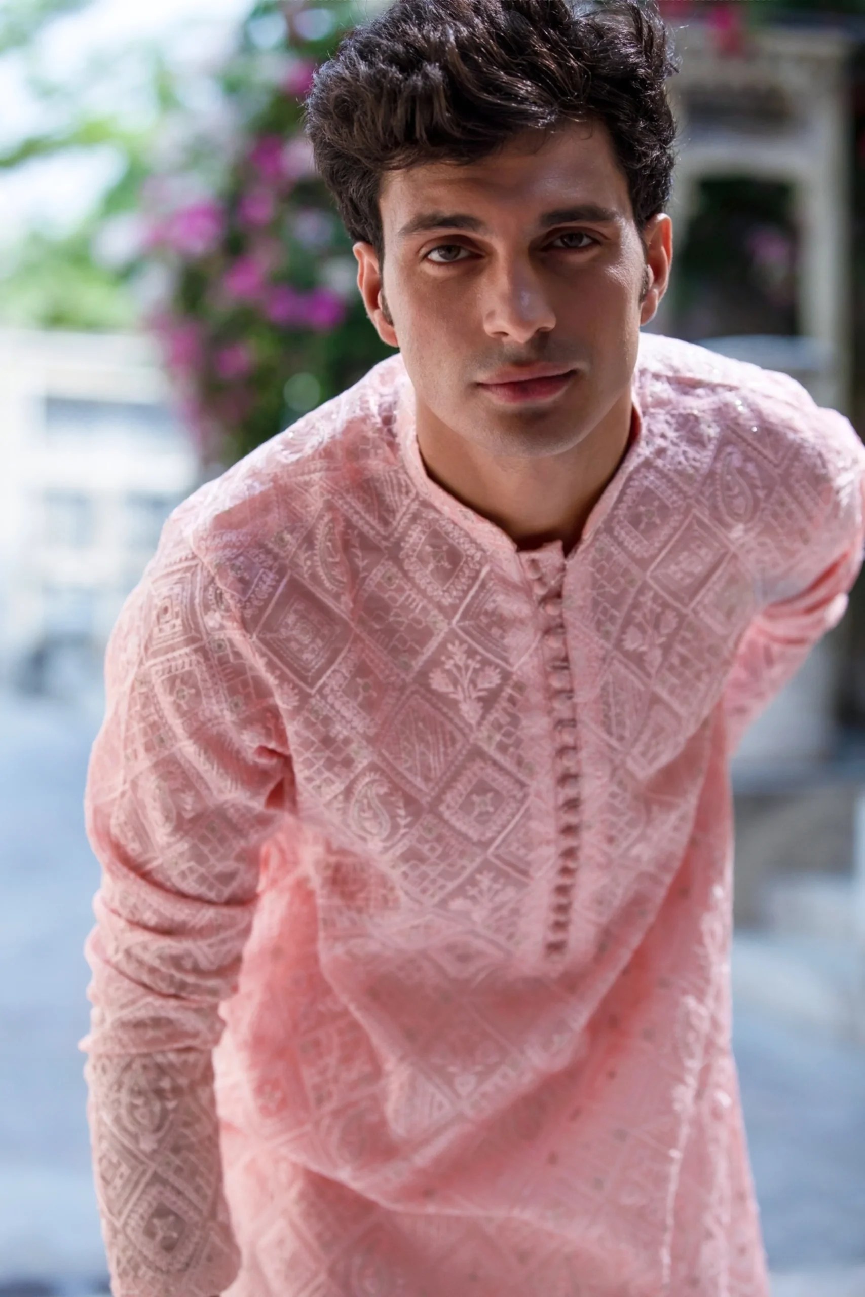 Blushing Peach Embroidered Cotton-Silk Pathani Suit (2-Piece) - Image 2