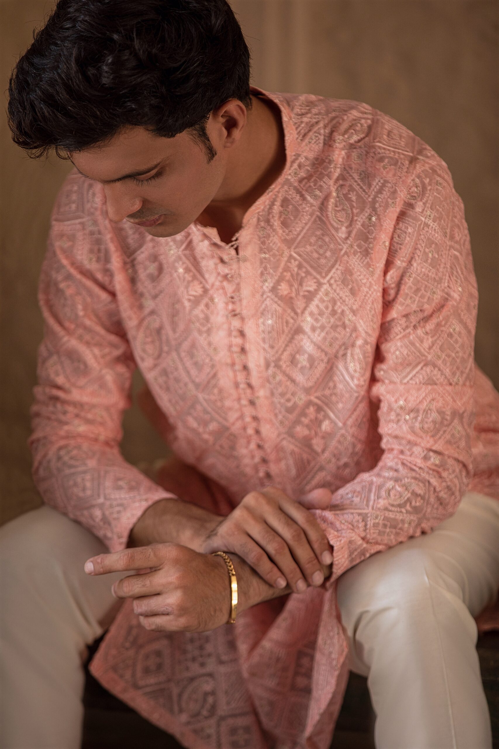 Blushing Peach Embroidered Cotton-Silk Pathani Suit (2-Piece) - Image 4