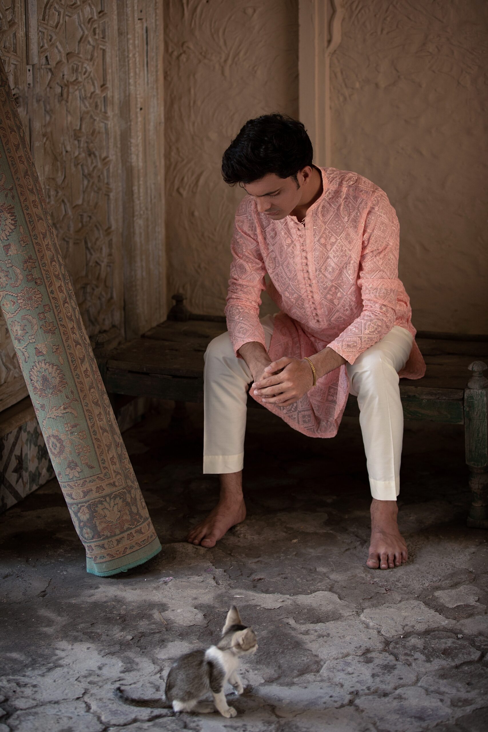 Blushing Peach Embroidered Cotton-Silk Pathani Suit (2-Piece) - Image 5