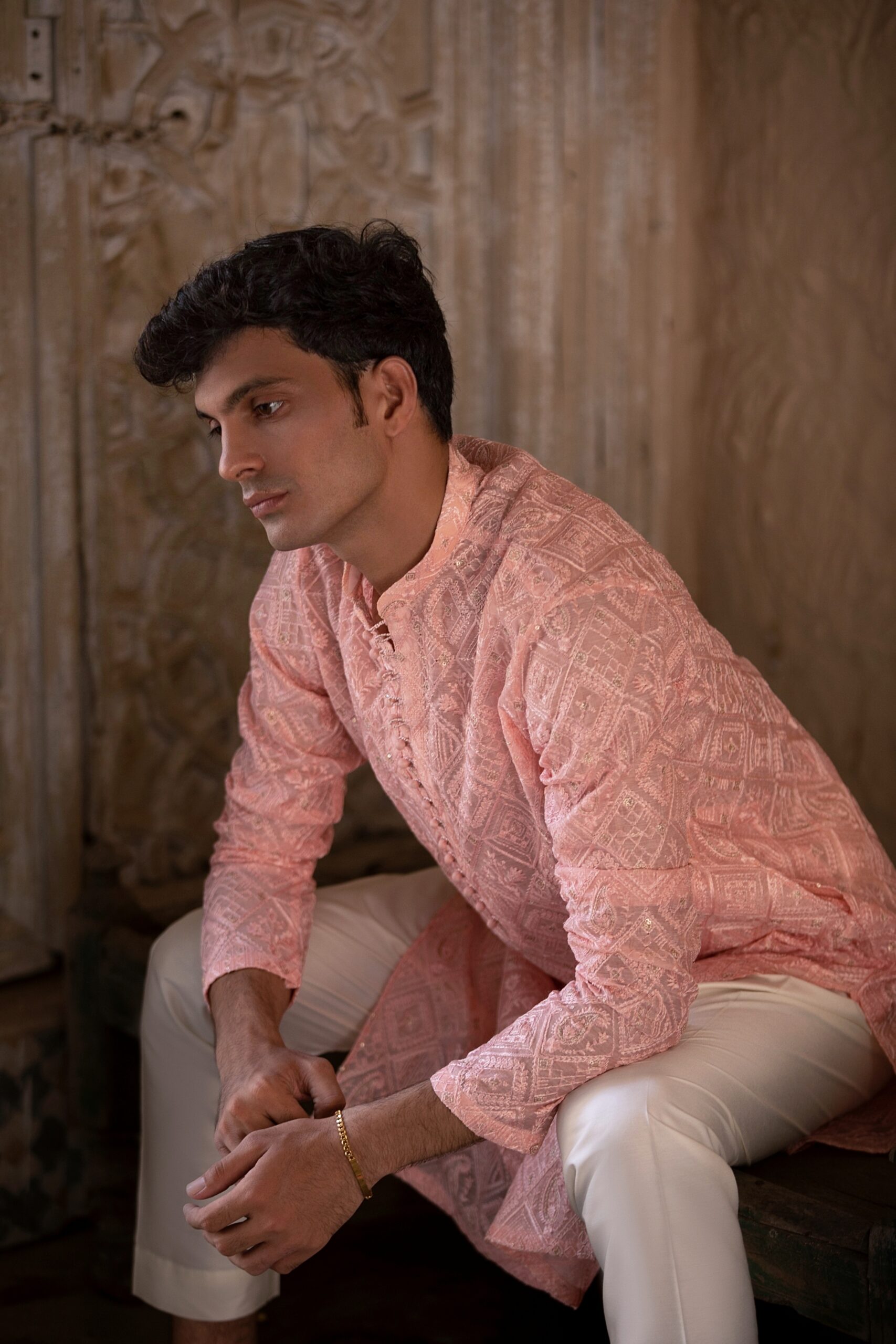 Blushing Peach Embroidered Cotton-Silk Pathani Suit (2-Piece) - Image 6