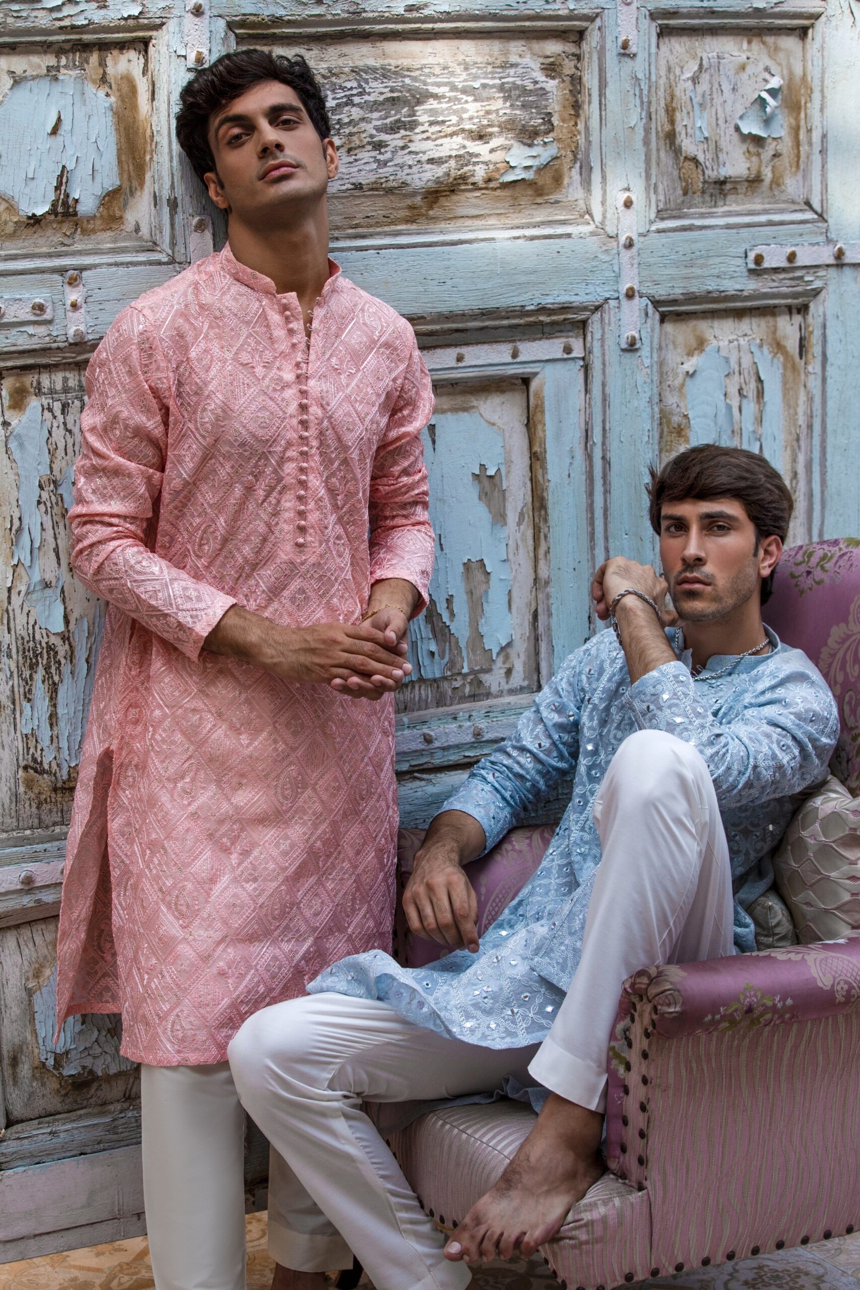 Blushing Peach Embroidered Cotton-Silk Pathani Suit (2-Piece) - Image 7