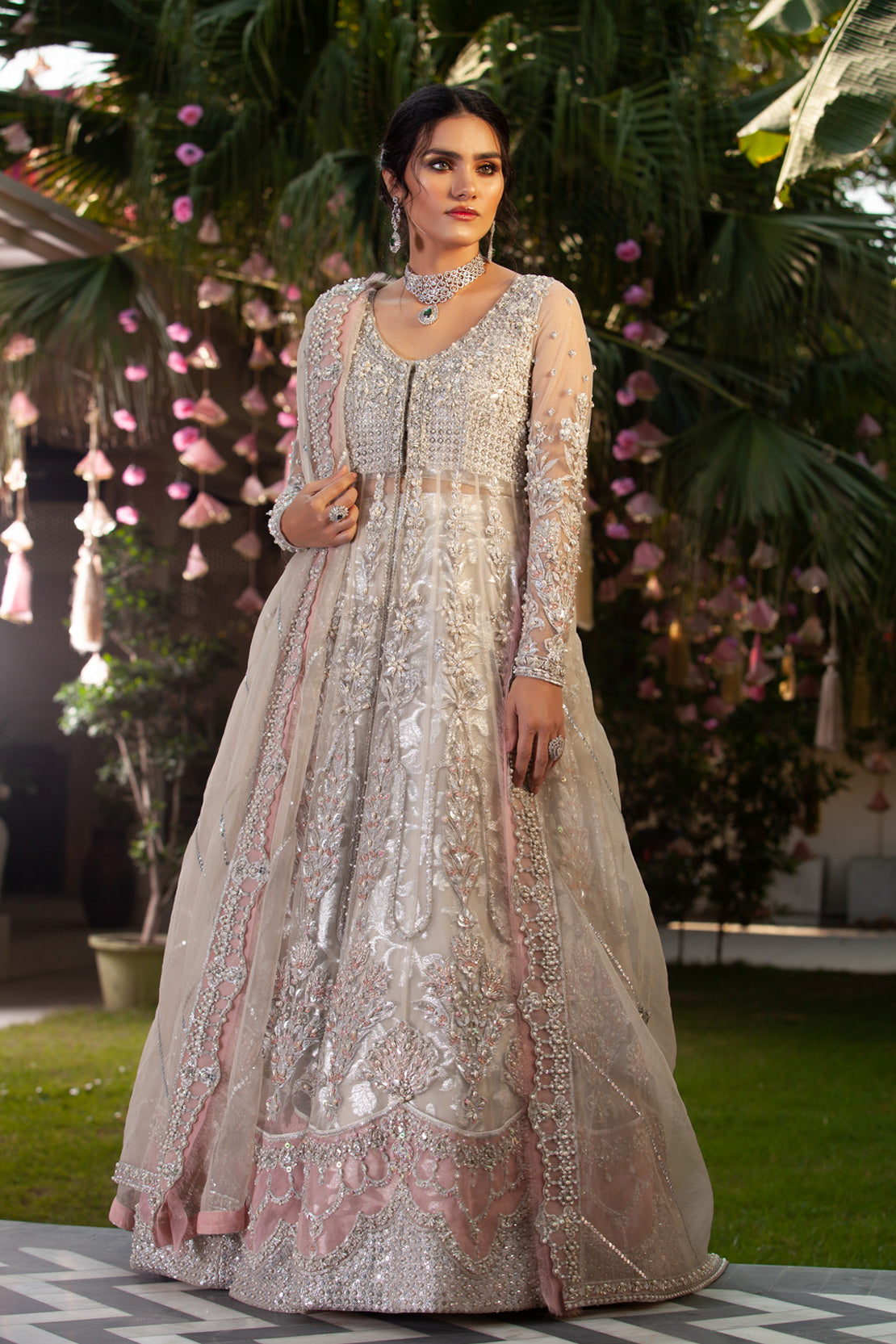 Pakistani Pastel Peach Hand-Embellished Net Bridal Pishwas (2-Piece) - Image 1