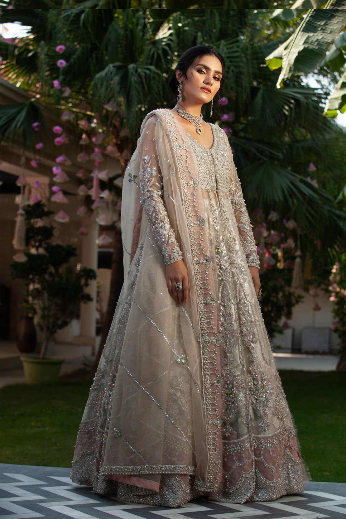 Pakistani Pastel Peach Hand-Embellished Net Bridal Pishwas (2-Piece) - Image 2