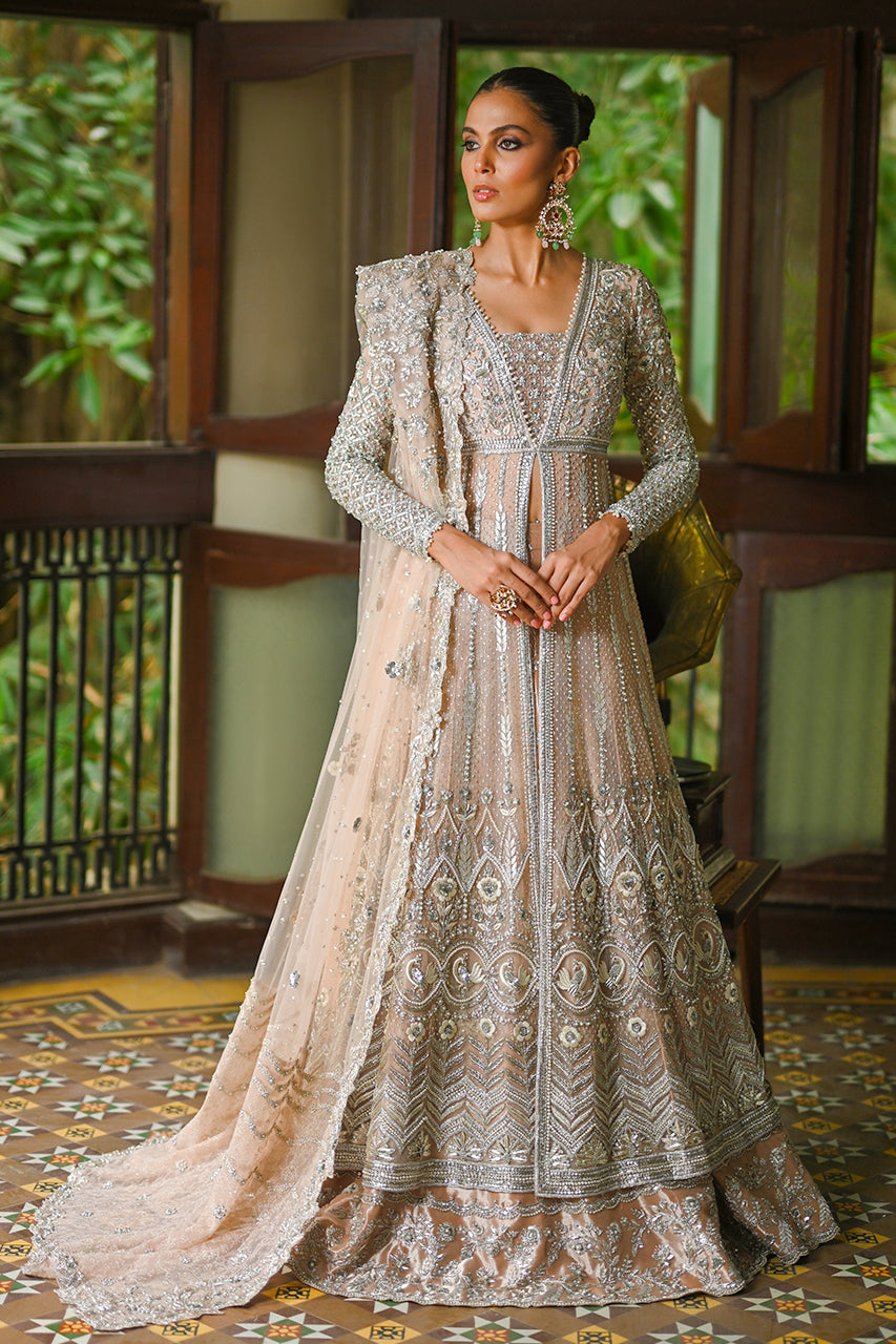 Pale Peach Zardozi Net Pishwas Dress (3-Piece) - Image 1