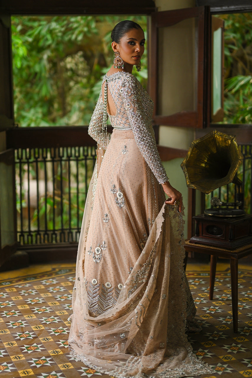 Pale Peach Zardozi Net Pishwas Dress (3-Piece) - Image 2