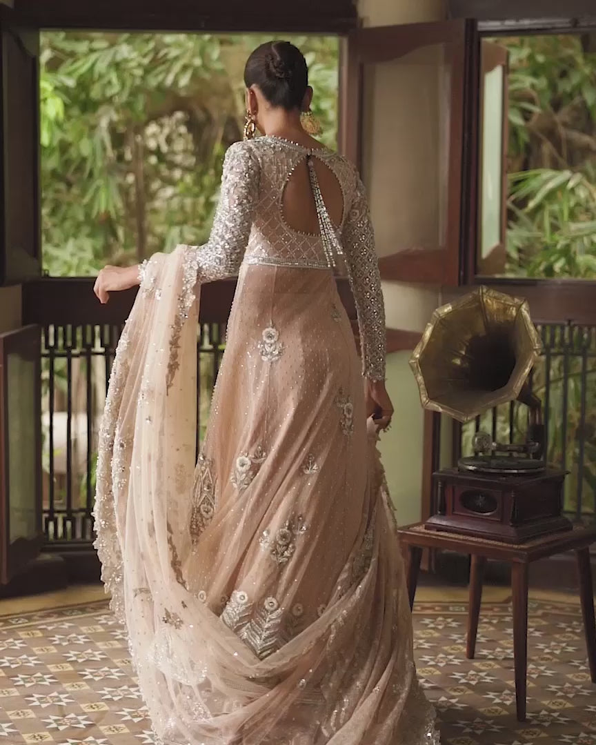 Pale Peach Zardozi Net Pishwas Dress (3-Piece) - Image 6