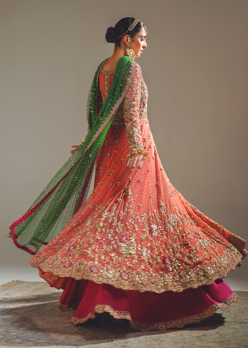 Indian Peach Coral Zardozi Net Pishwas Dress (2-Piece) - Image 11
