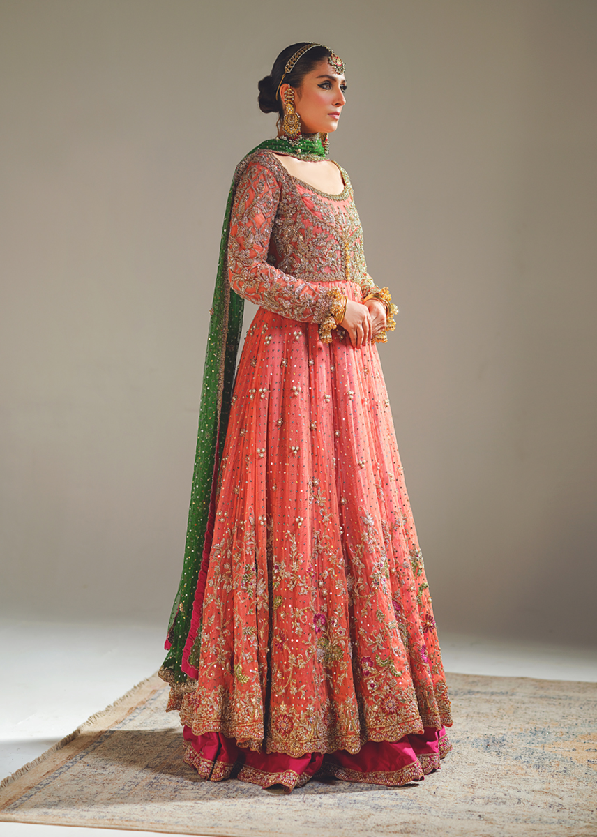 Indian Peach Coral Zardozi Net Pishwas Dress (2-Piece) - Image 13