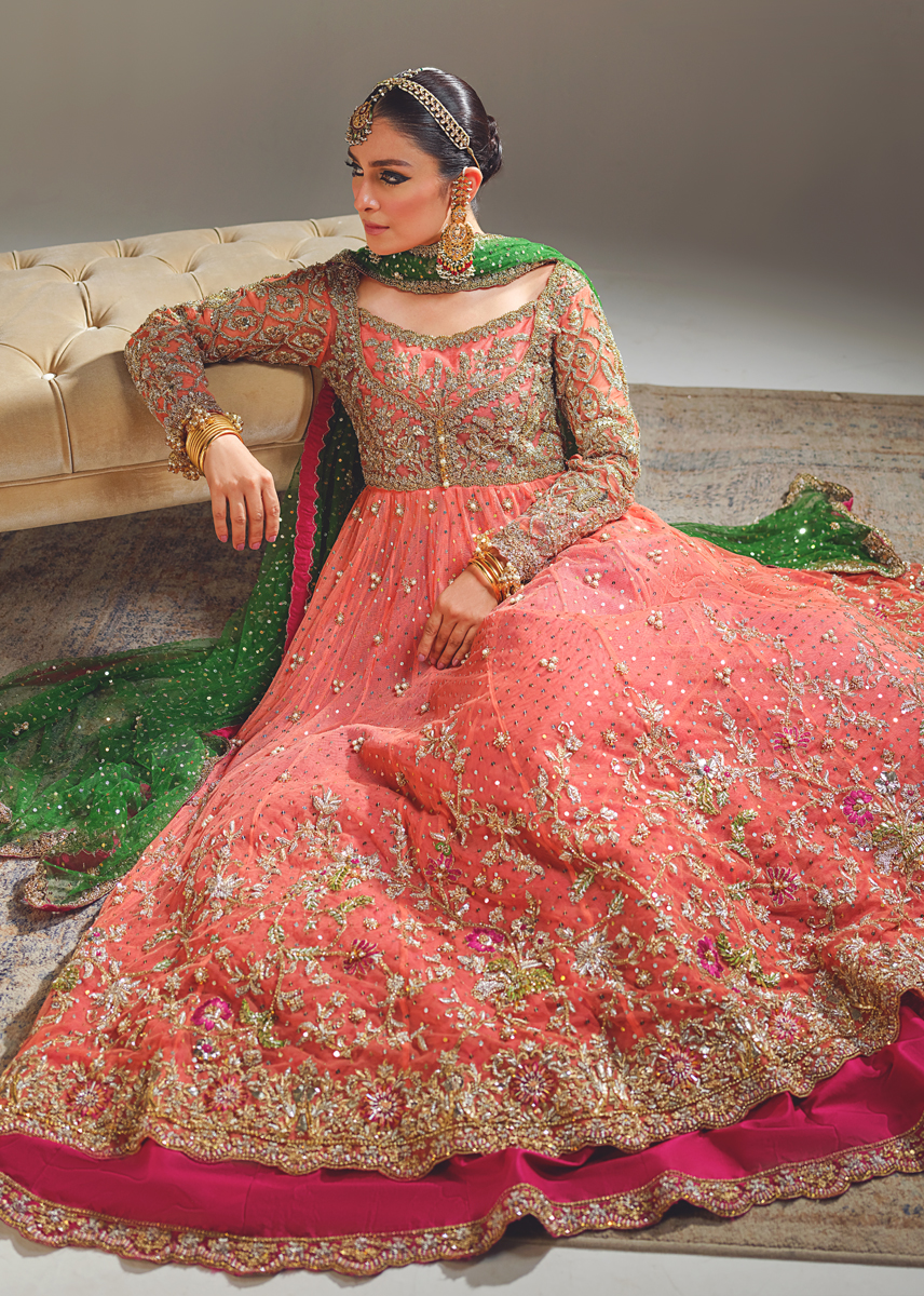 Indian Peach Coral Zardozi Net Pishwas Dress (2-Piece) - Image 14
