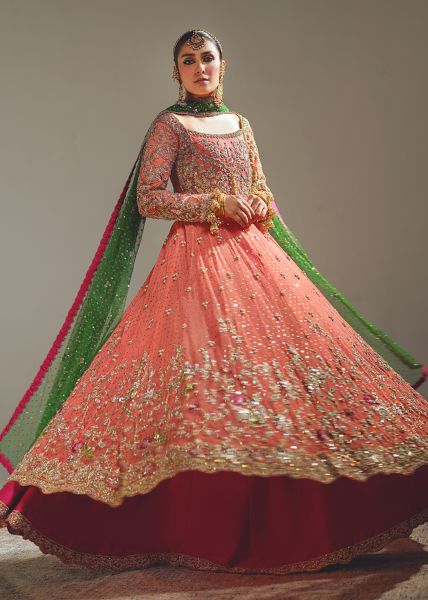 Indian Peach Coral Zardozi Net Pishwas Dress (2-Piece) - Image 2