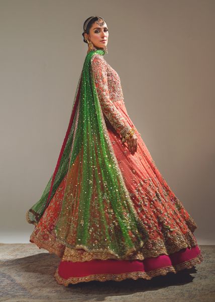 Indian Peach Coral Zardozi Net Pishwas Dress (2-Piece) - Image 3