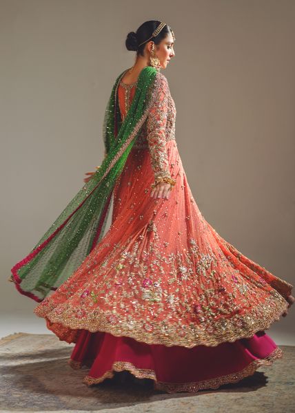 Indian Peach Coral Zardozi Net Pishwas Dress (2-Piece) - Image 4