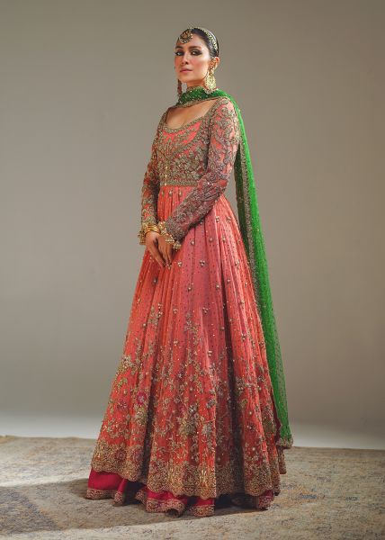 Indian Peach Coral Zardozi Net Pishwas Dress (2-Piece) - Image 5