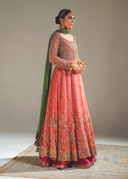 Indian Peach Coral Zardozi Net Pishwas Dress (2-Piece) - Image 6