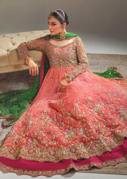 Indian Peach Coral Zardozi Net Pishwas Dress (2-Piece) - Image 7