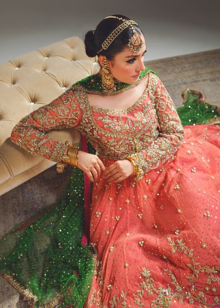 Indian Peach Coral Zardozi Net Pishwas Dress (2-Piece) - Image 8