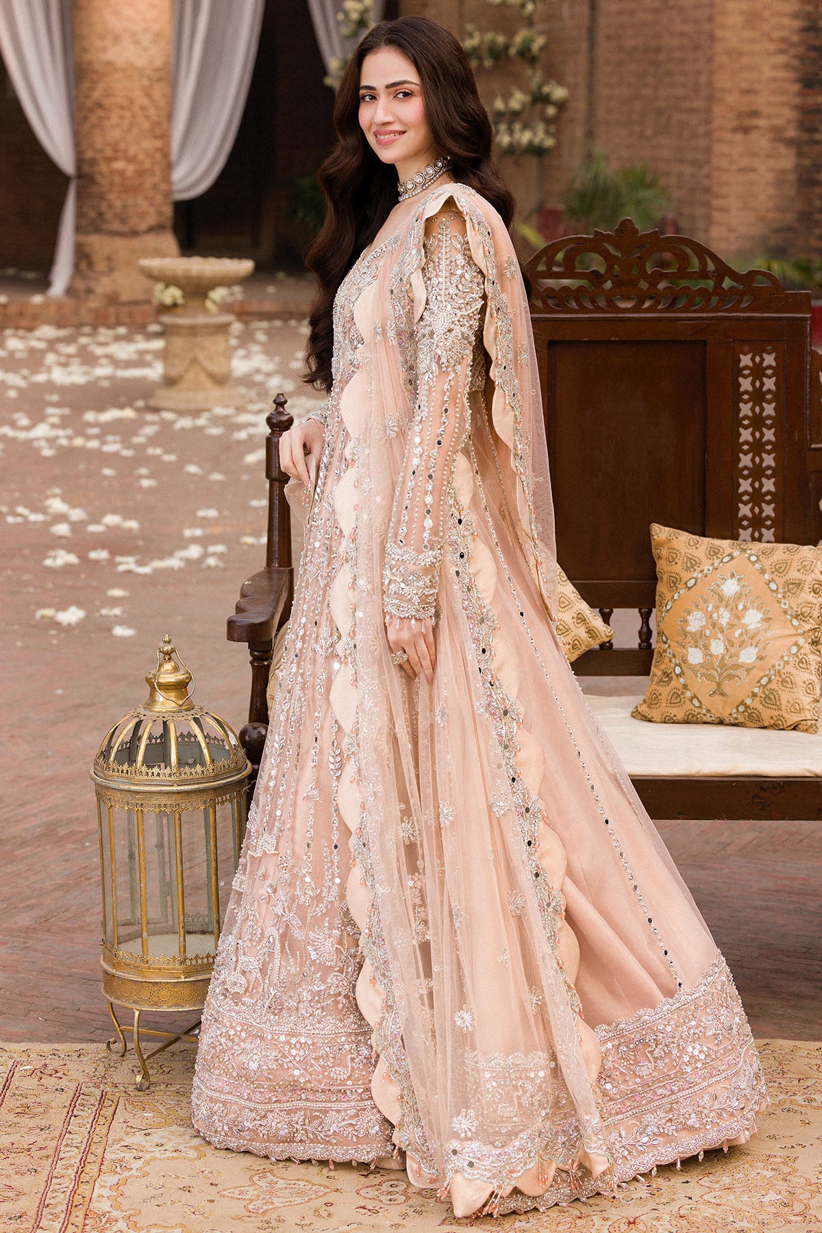 Pakistani Pale Peach Embellished Silk Net Pishwas (3-Piece) - Image 3