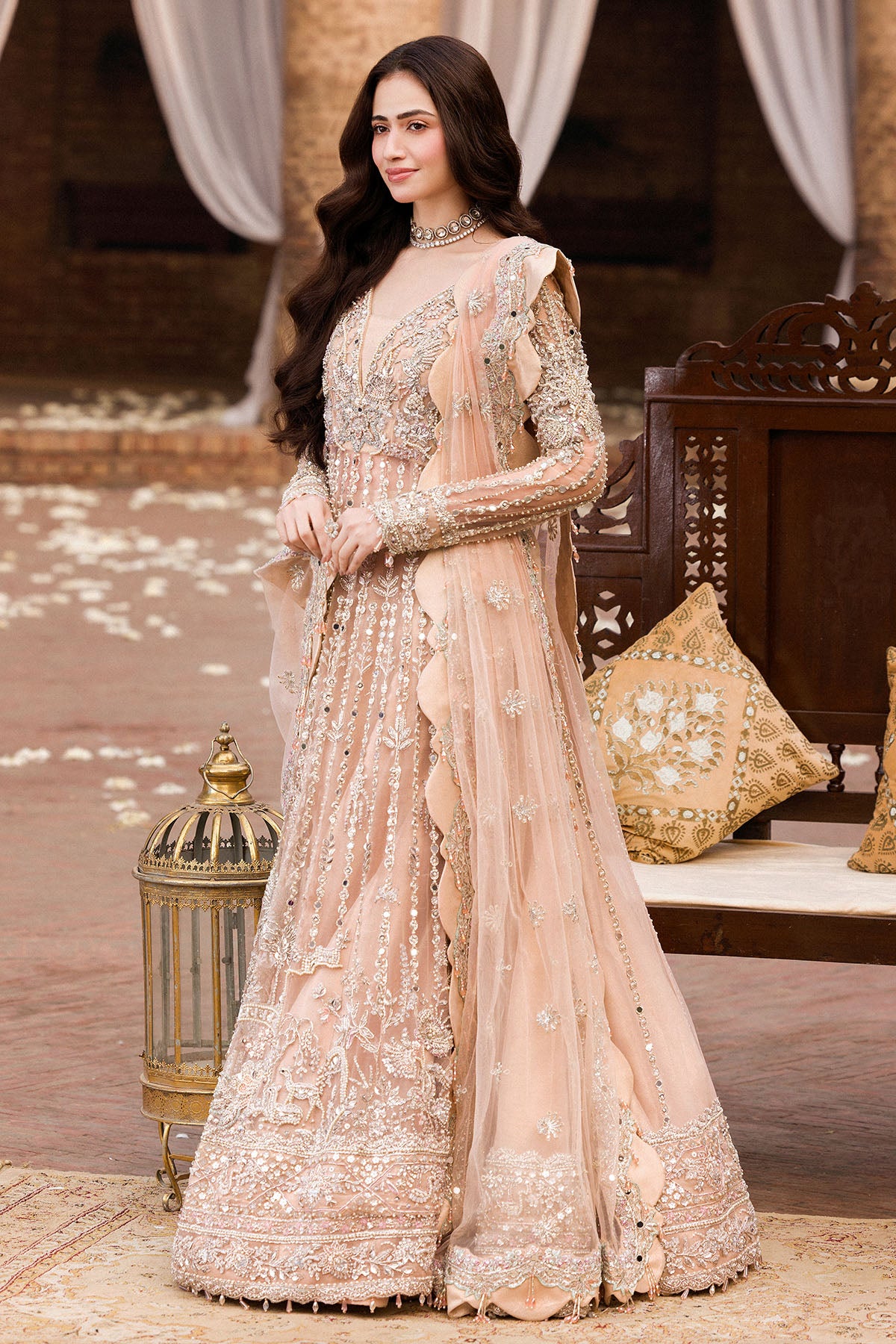Pakistani Pale Peach Embellished Silk Net Pishwas (3-Piece) - Image 4
