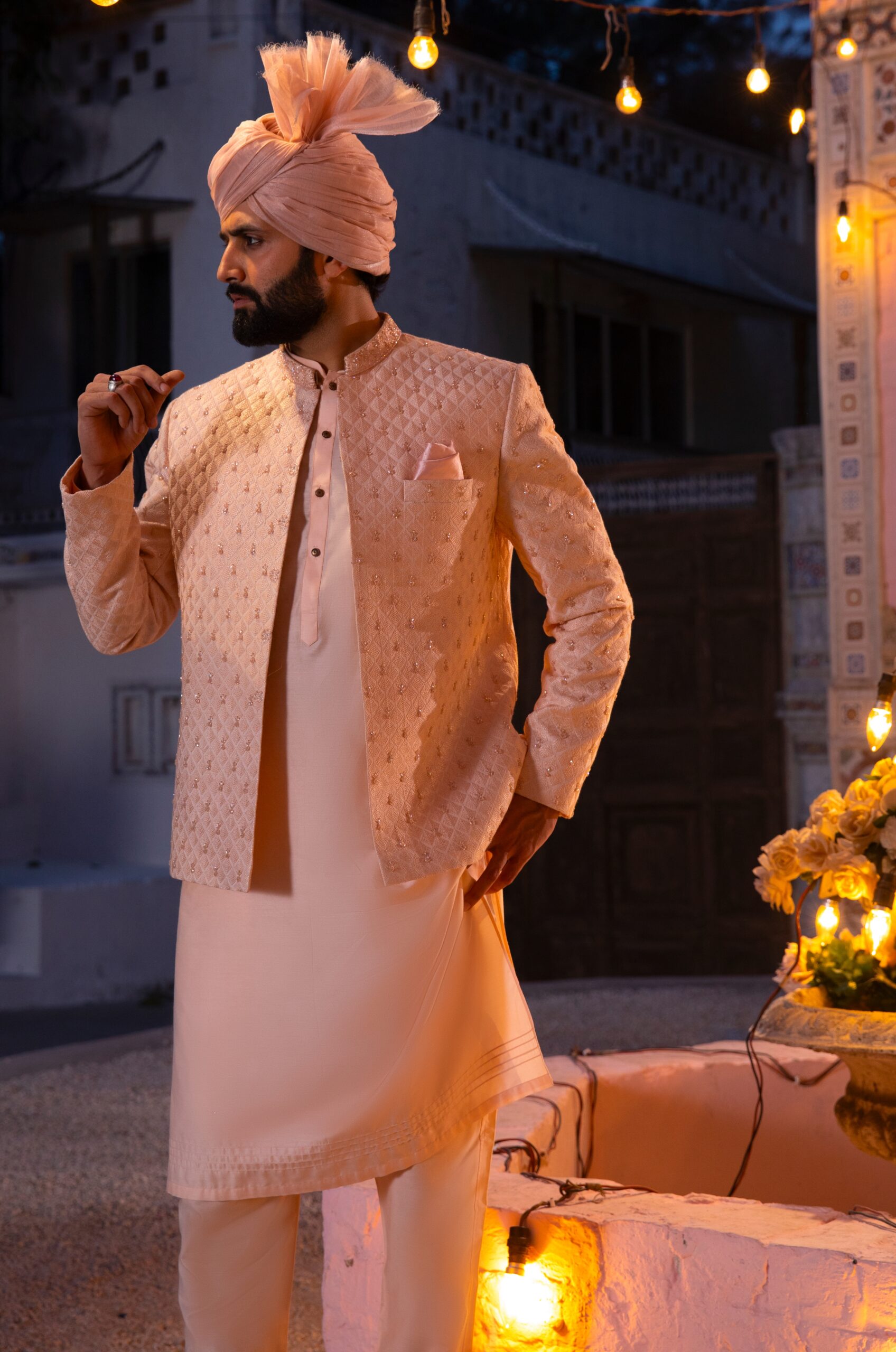 Pastel Peach Embroidered Prince Coat Set (3-Piece) - Image 1