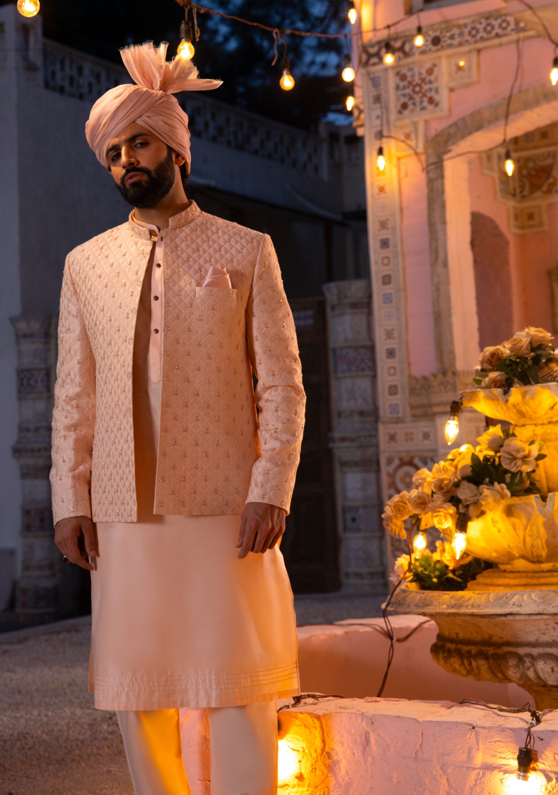 Pastel Peach Embroidered Prince Coat Set (3-Piece) - Image 2