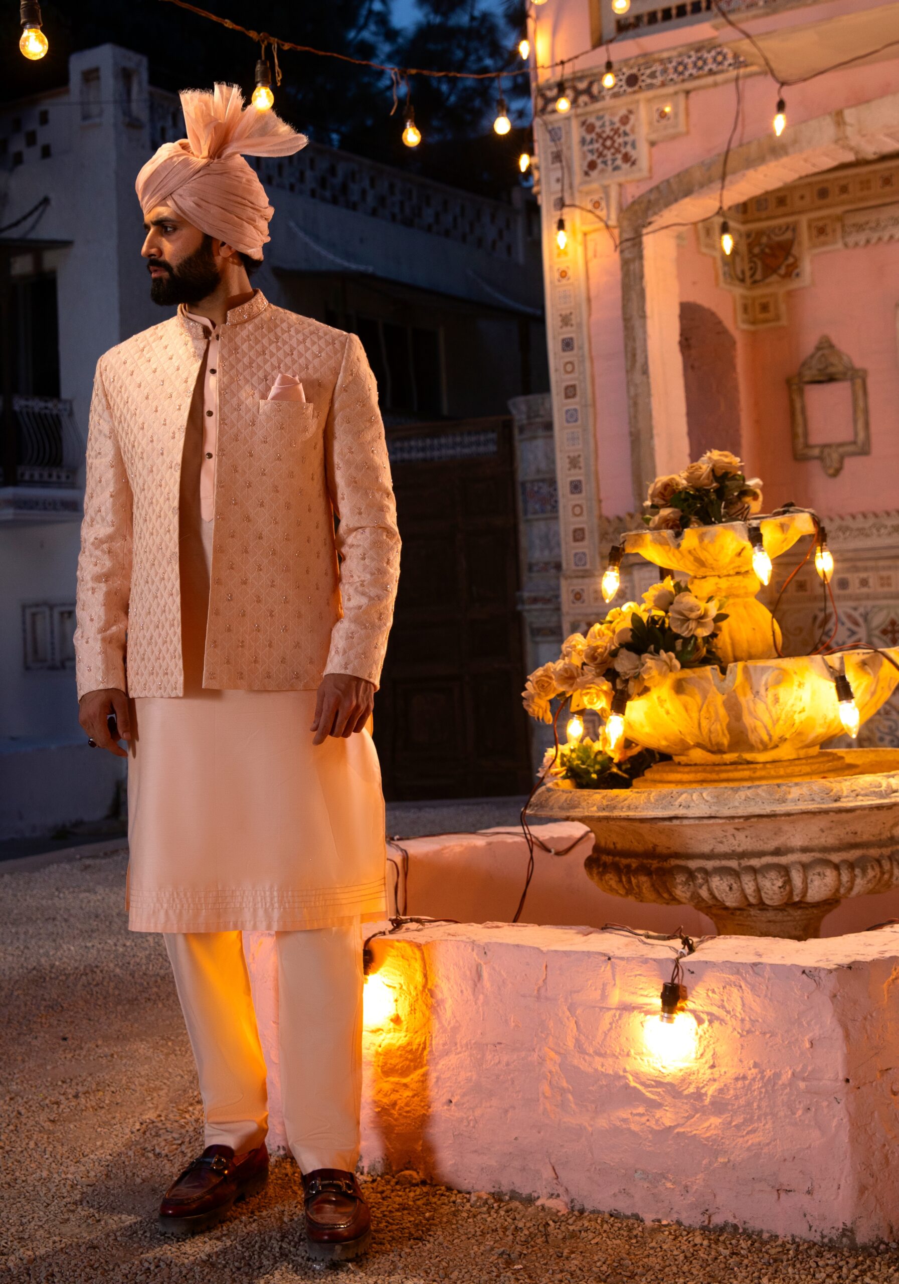 Pastel Peach Embroidered Prince Coat Set (3-Piece) - Image 3