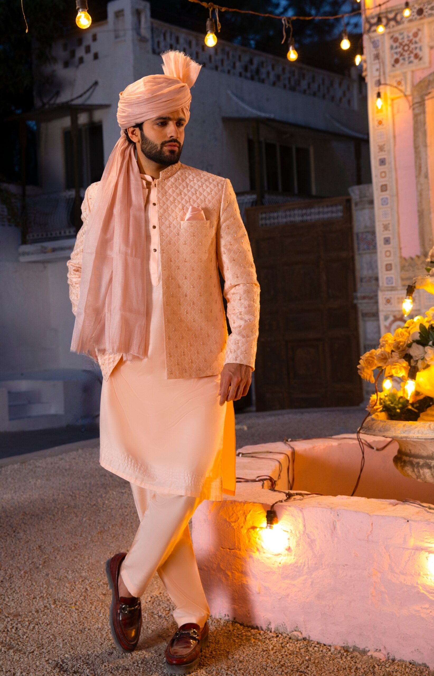 Pastel Peach Embroidered Prince Coat Set (3-Piece) - Image 4