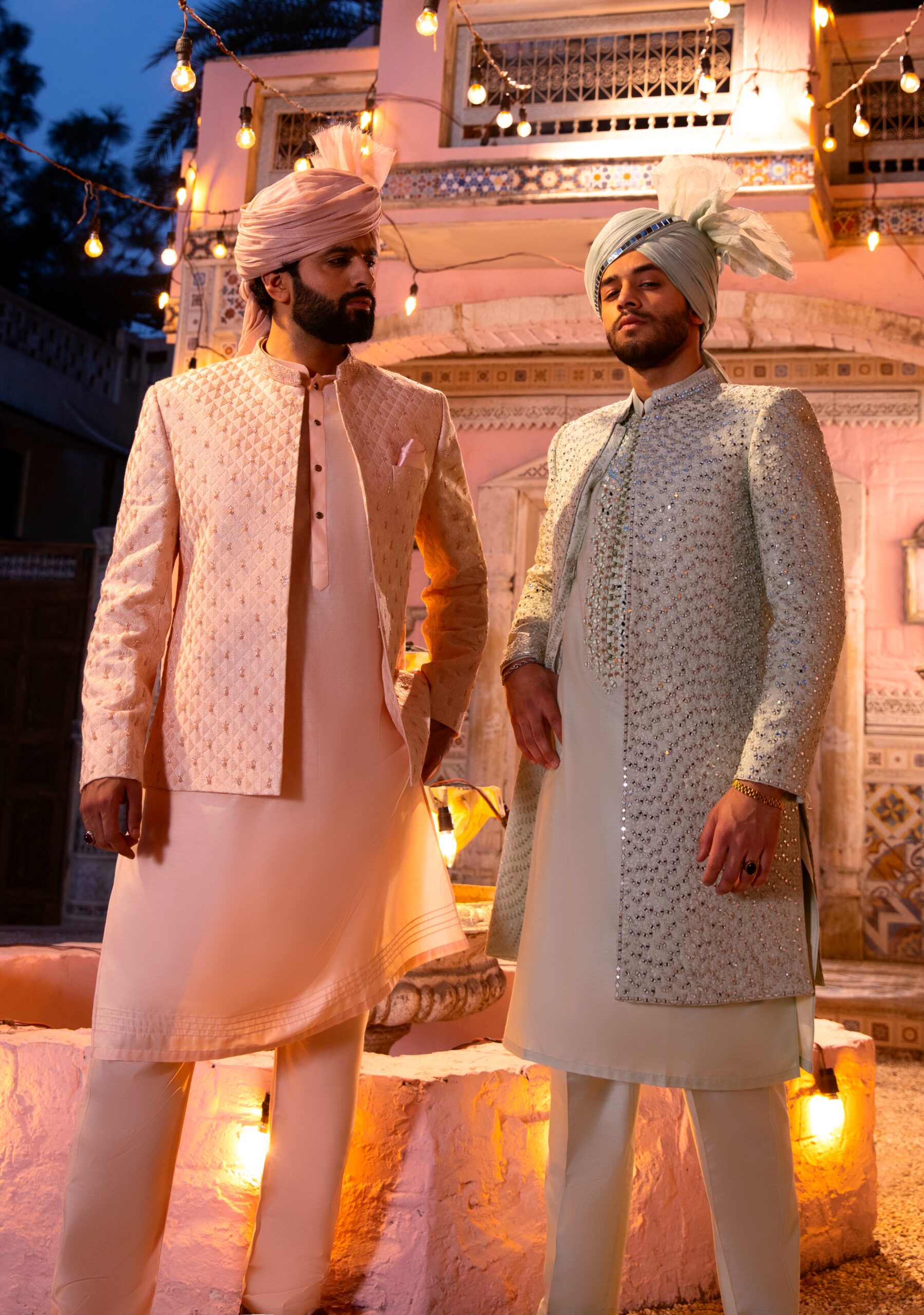 Pastel Peach Embroidered Prince Coat Set (3-Piece) - Image 5