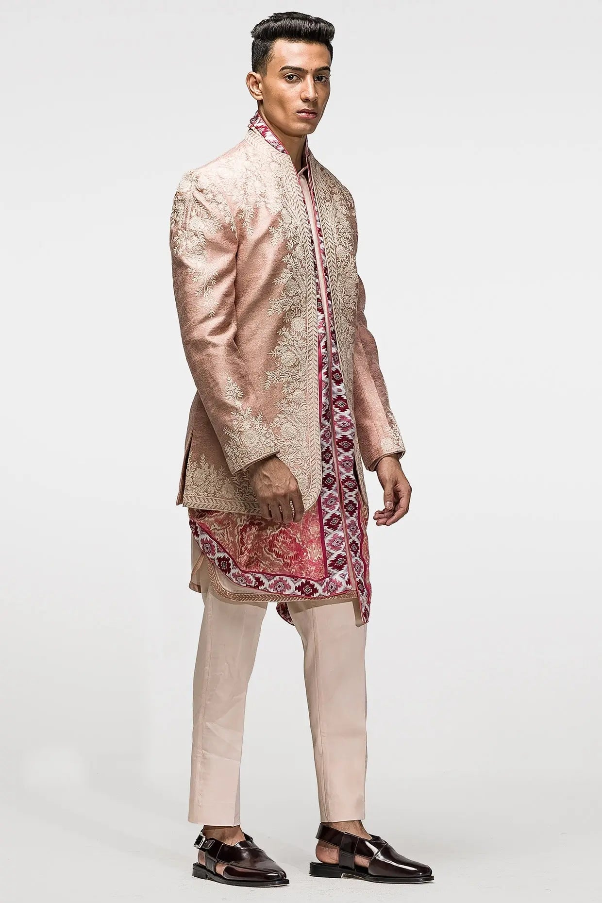 Subdued Peach Kiran Dori Foiled Silk Prince Coat (3-Piece) - Image 2