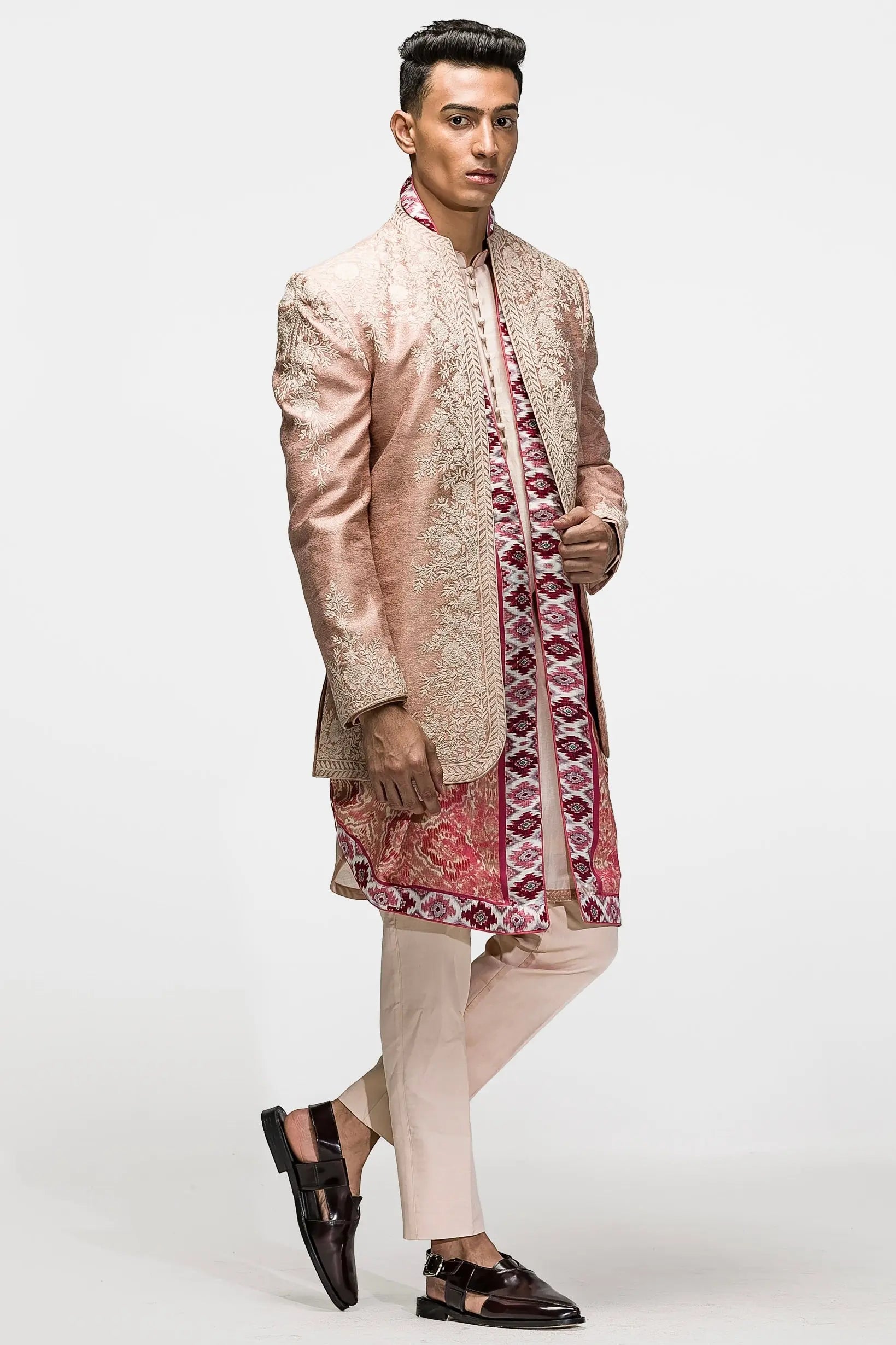 Subdued Peach Kiran Dori Foiled Silk Prince Coat (3-Piece) - Image 3