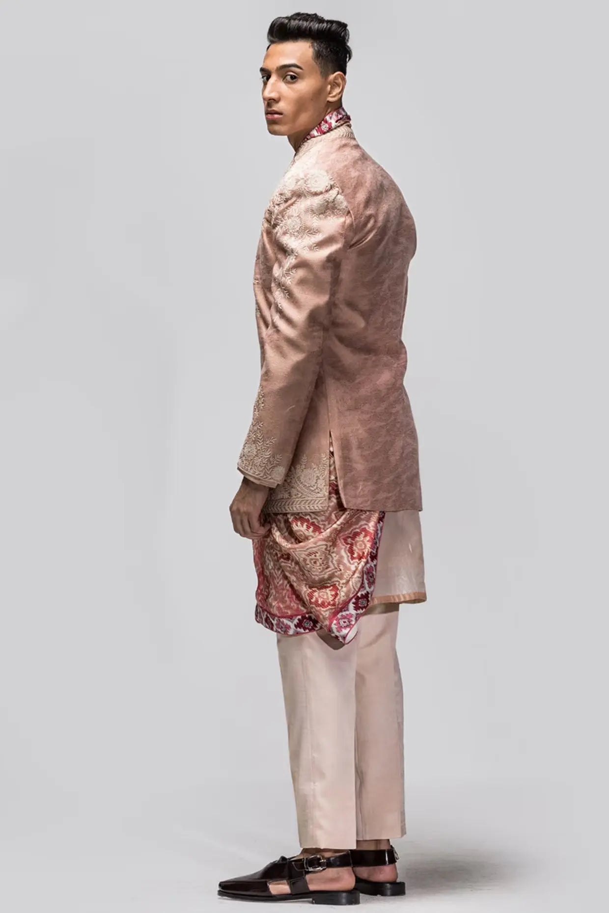 Subdued Peach Kiran Dori Foiled Silk Prince Coat (3-Piece) - Image 4