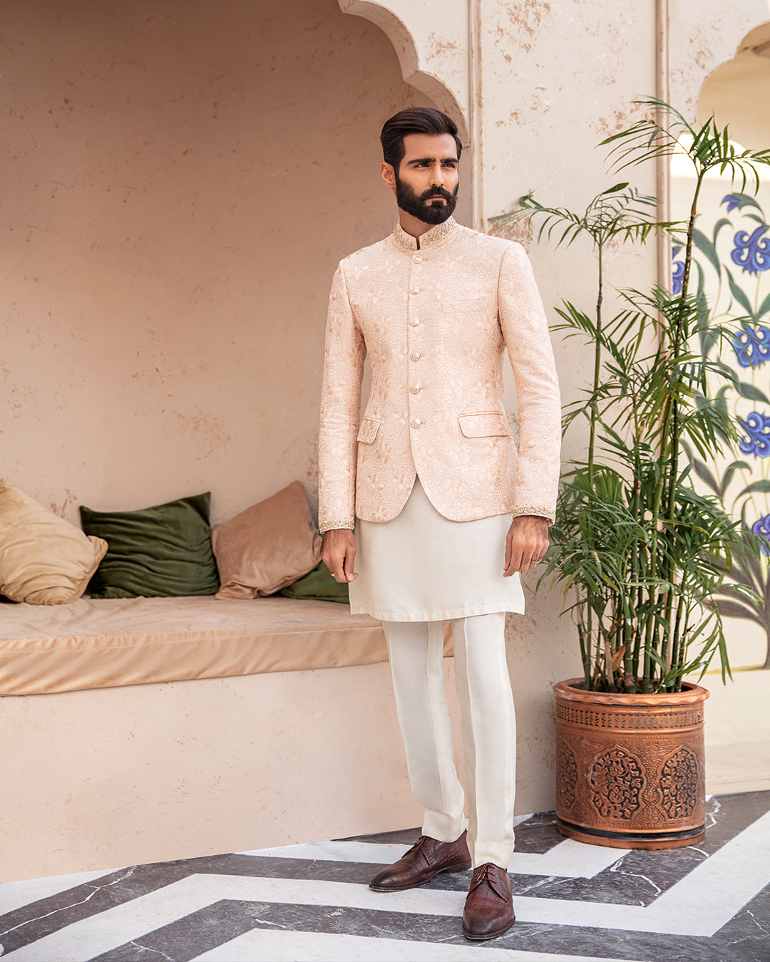Light Peach Embroidered Karandi Prince Coat (3-Piece) - Image 1