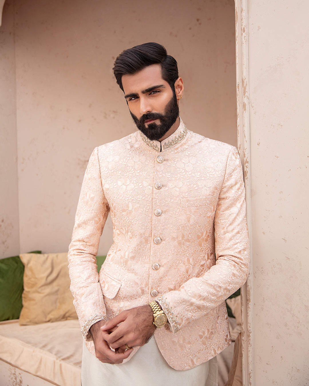 Light Peach Embroidered Karandi Prince Coat (3-Piece) - Image 3
