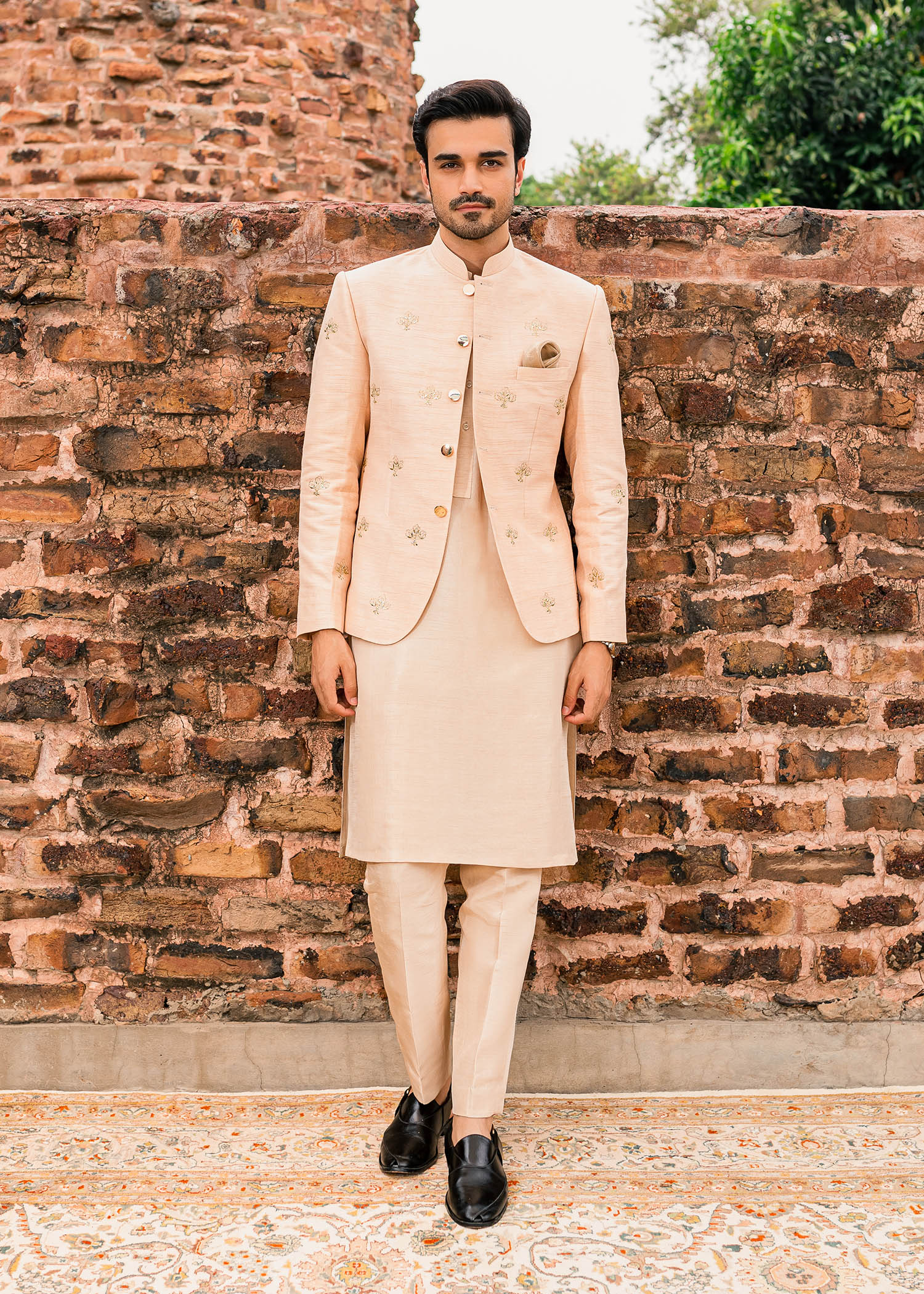 Dusty Peach Badla Work Korean Rawsilk Princecoat (3-Piece) - Image 1