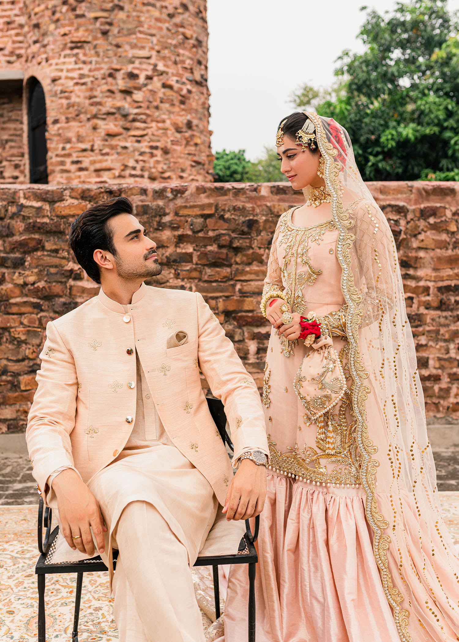 Dusty Peach Badla Work Korean Rawsilk Princecoat (3-Piece) - Image 2