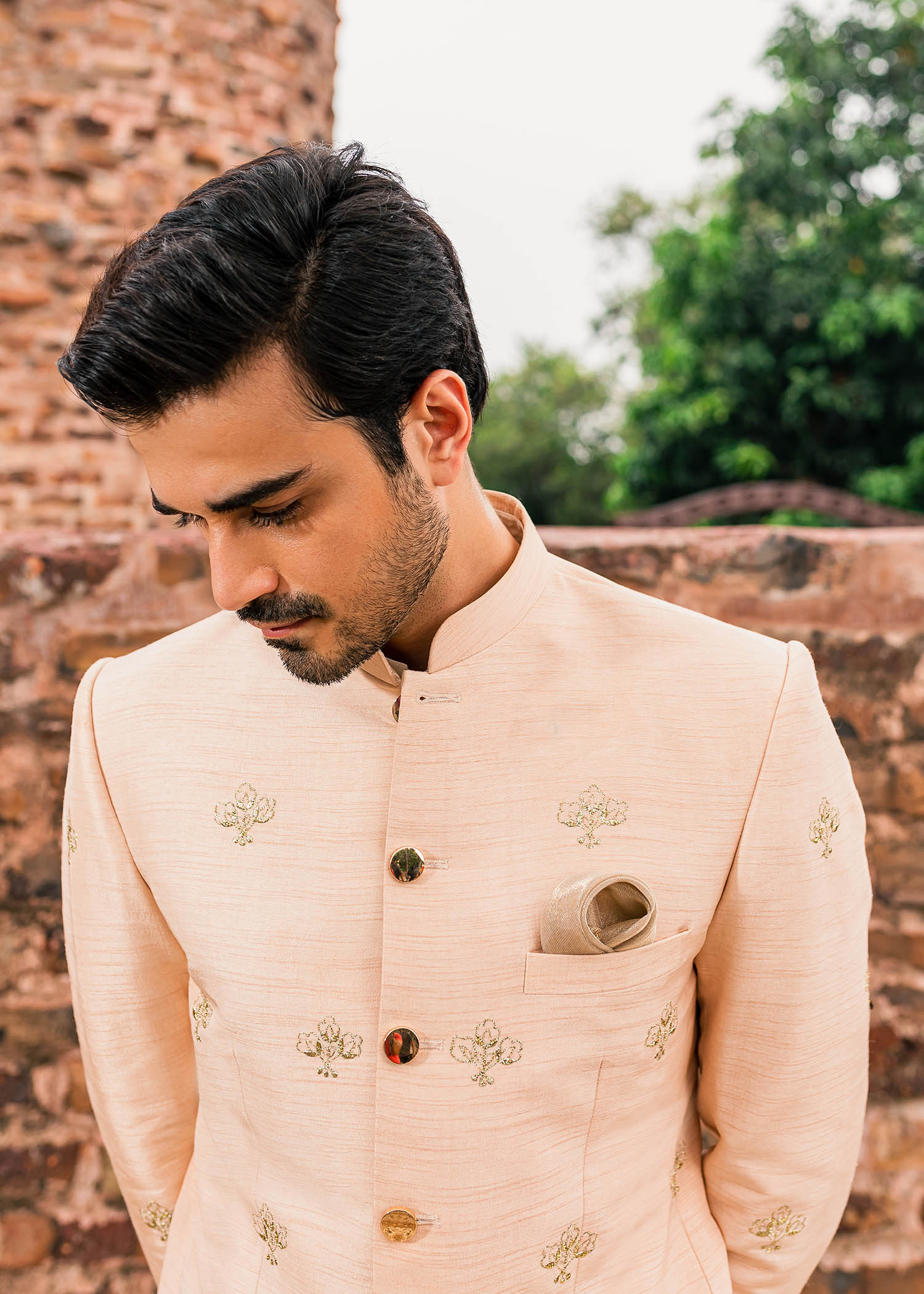 Dusty Peach Badla Work Korean Rawsilk Princecoat (3-Piece) - Image 3